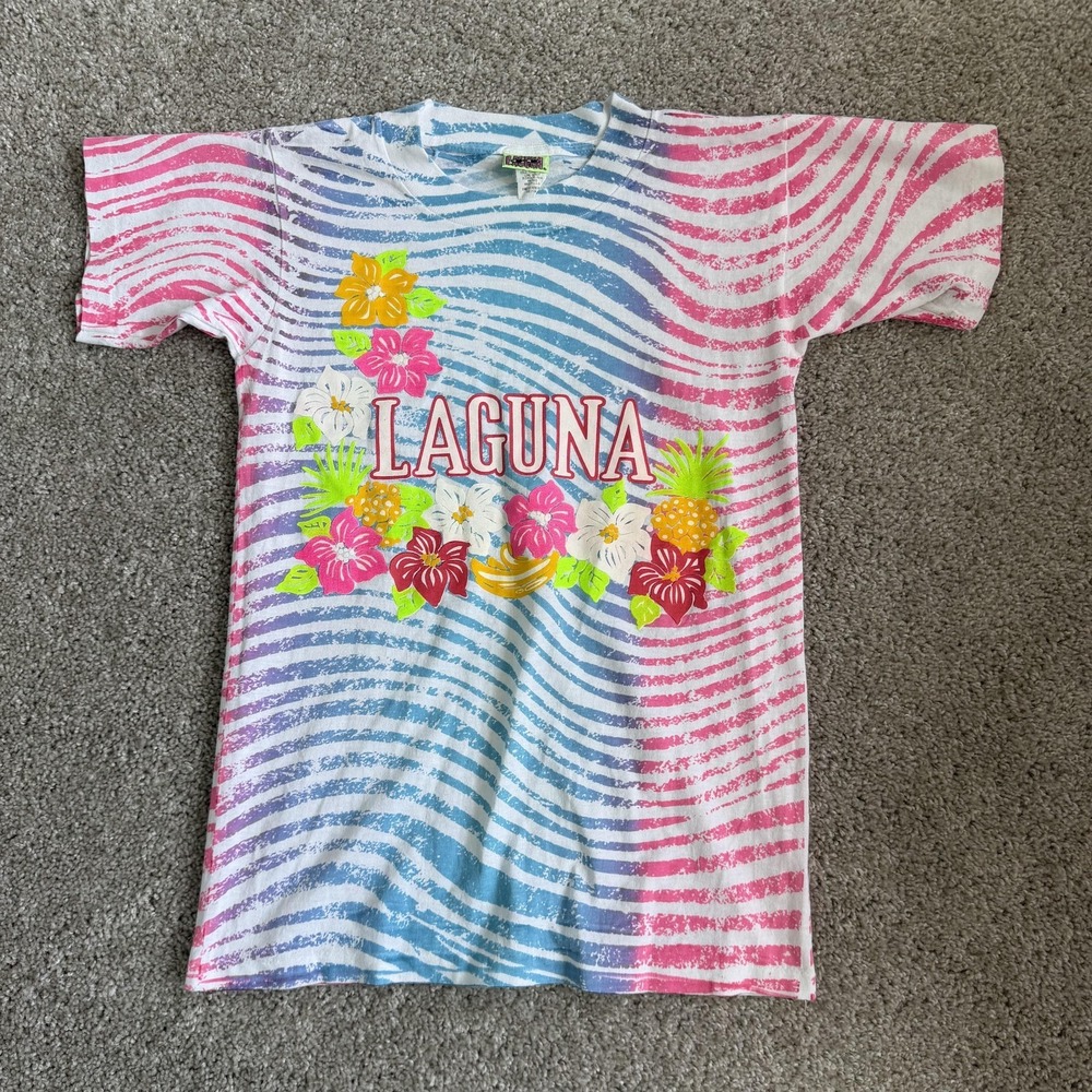 Vintage 80s 90s Laguna Shirt Youth 7-14 Multi Stripe Floral Tropical Tee T-Shirt